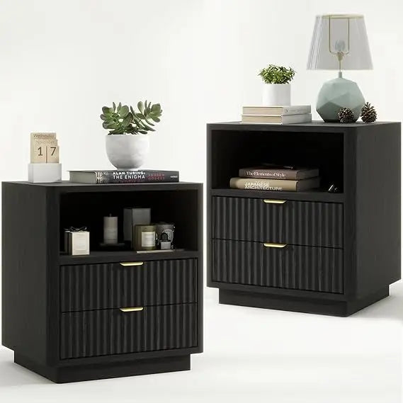 Chengwei Fluted Nightstands Set of 2 With Drawers and Shelves