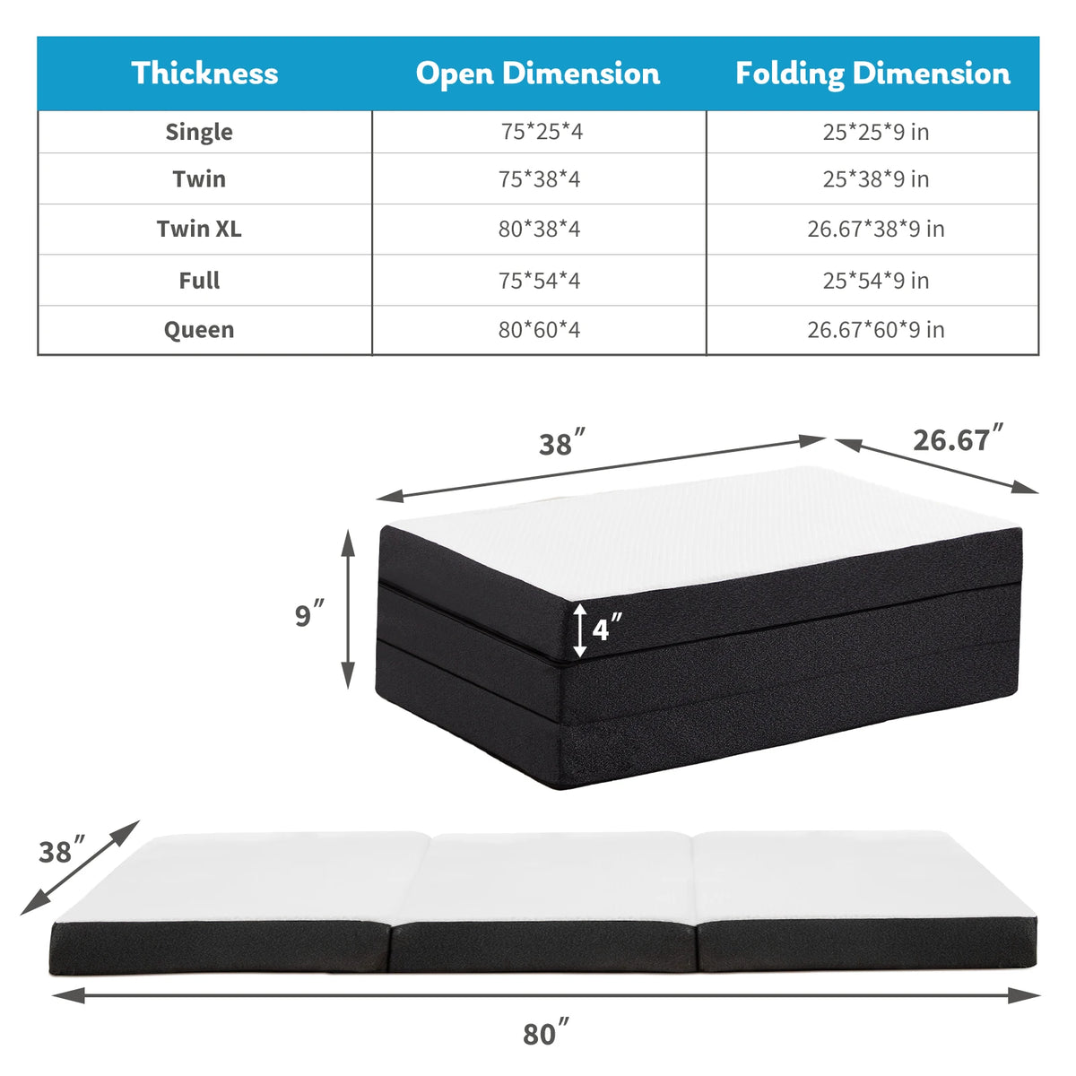 JHK CertiPUR-US Portable Folding Memory Foam Floor Bed for Travel