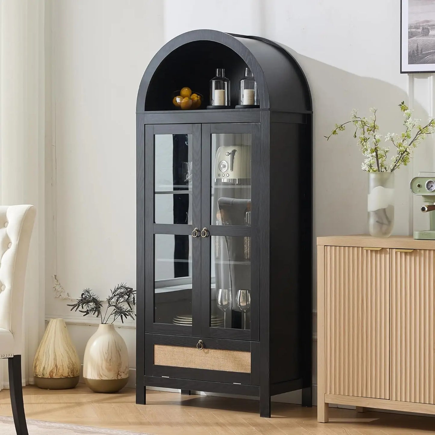 CHENGWEI Arched Pantry Cabinet With Innovative Drawer And Glass Door