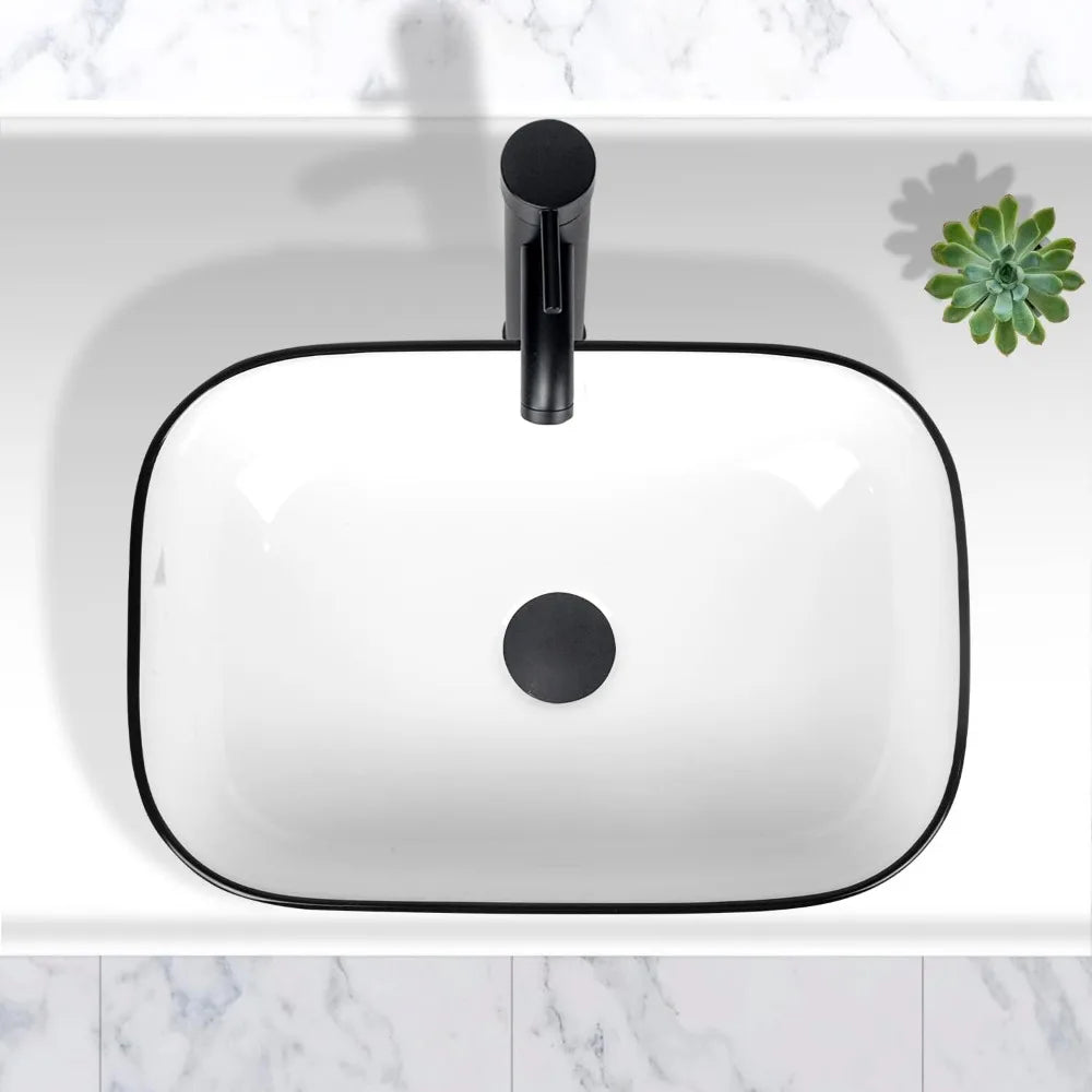 Bathroom Vessel Sink 18'' x 12.6'' Ceramic Porcelain Bathroom Sink Above Counter Basin Washing Bowl with Faucet Pop up Drain Com