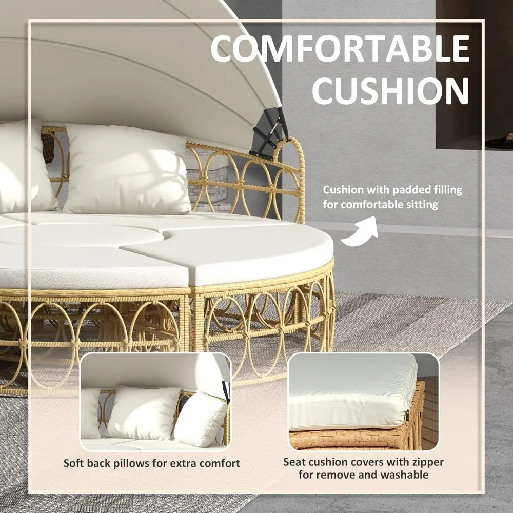 Beige Patio Furniture Set Round Outdoor Daybed With Washable Cushions Hollow Wicker PE Rattan Sectional Sofa