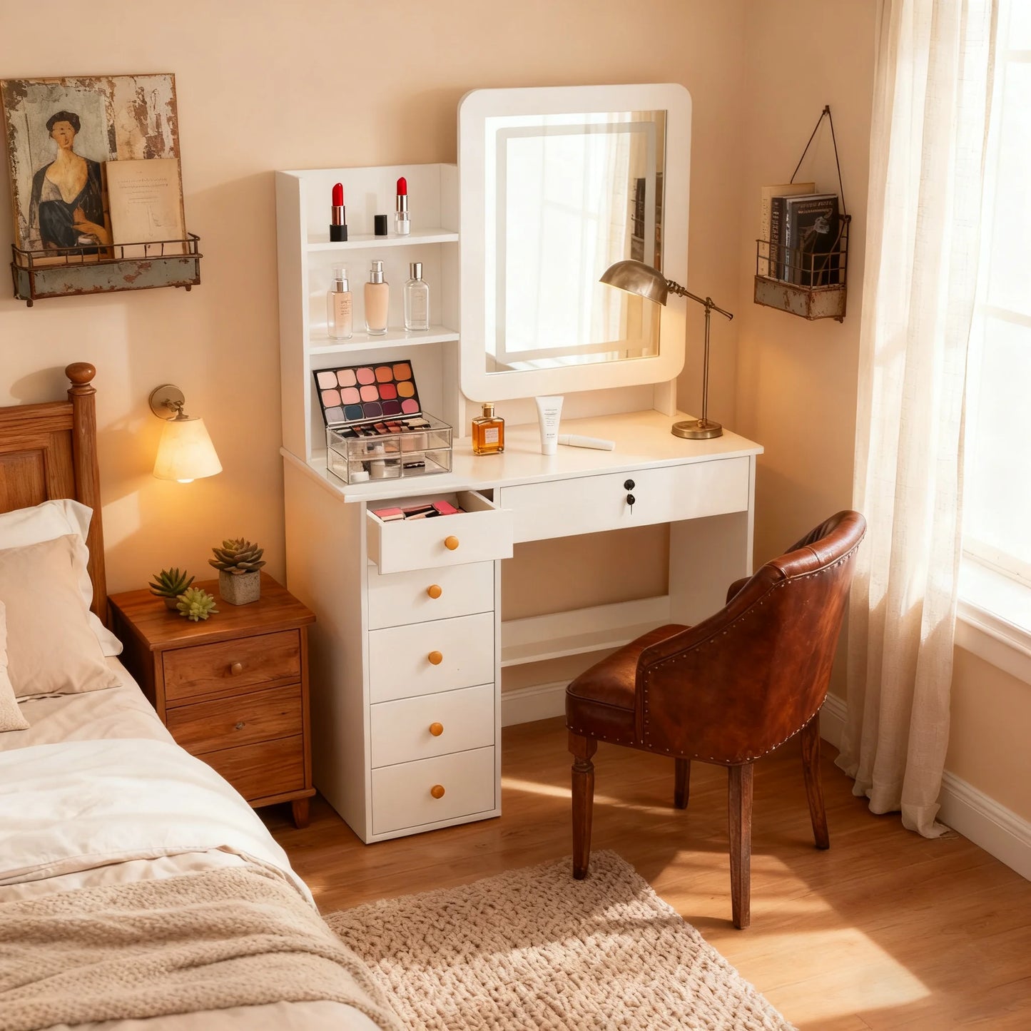 Simple Modern Makeup Vanity With LED Mirror And Storage Shelves