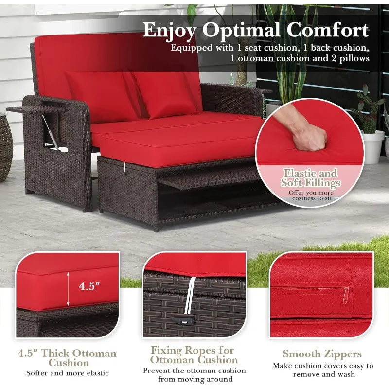 Patiojoy Outdoor Rattan Daybed Wicker Loveseat Set Deluxe