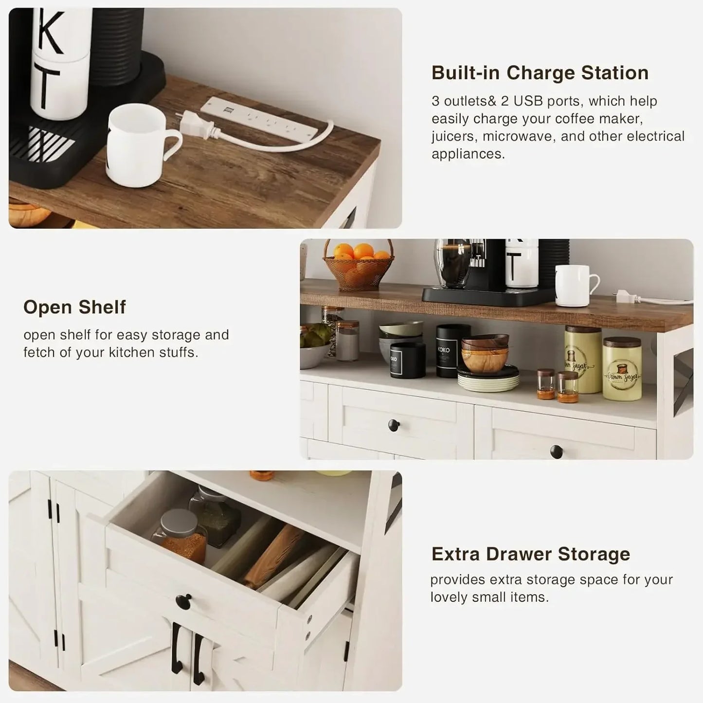 XMSJ Farmhouse Buffet Cabinet With Drawers And Open Shelf