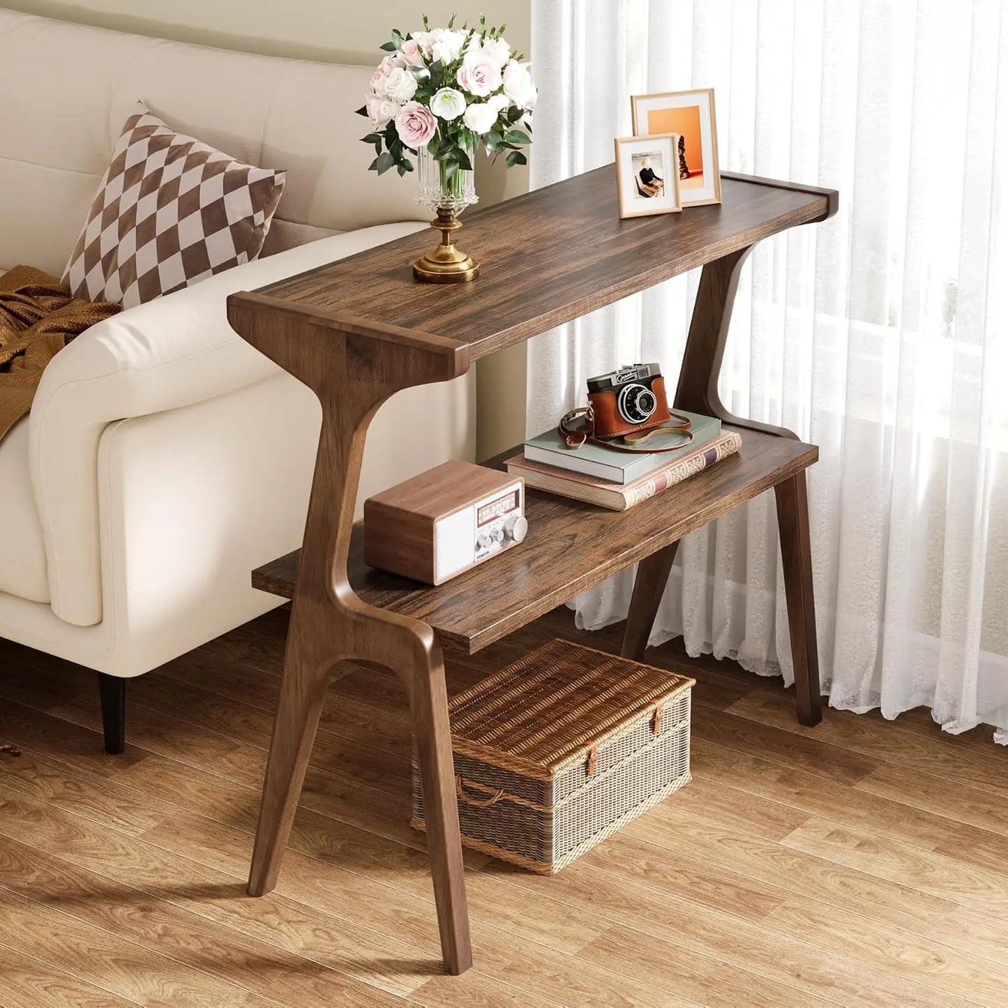 Hignconcerned Narrow End Table With Solid Wood Legs Storage