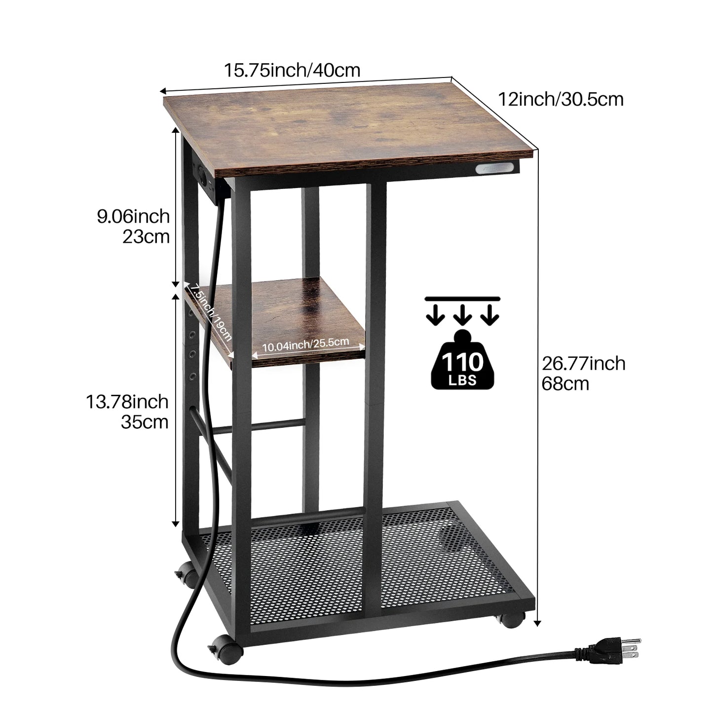 C Shaped End Table With Charging Station And Rolling Wheels