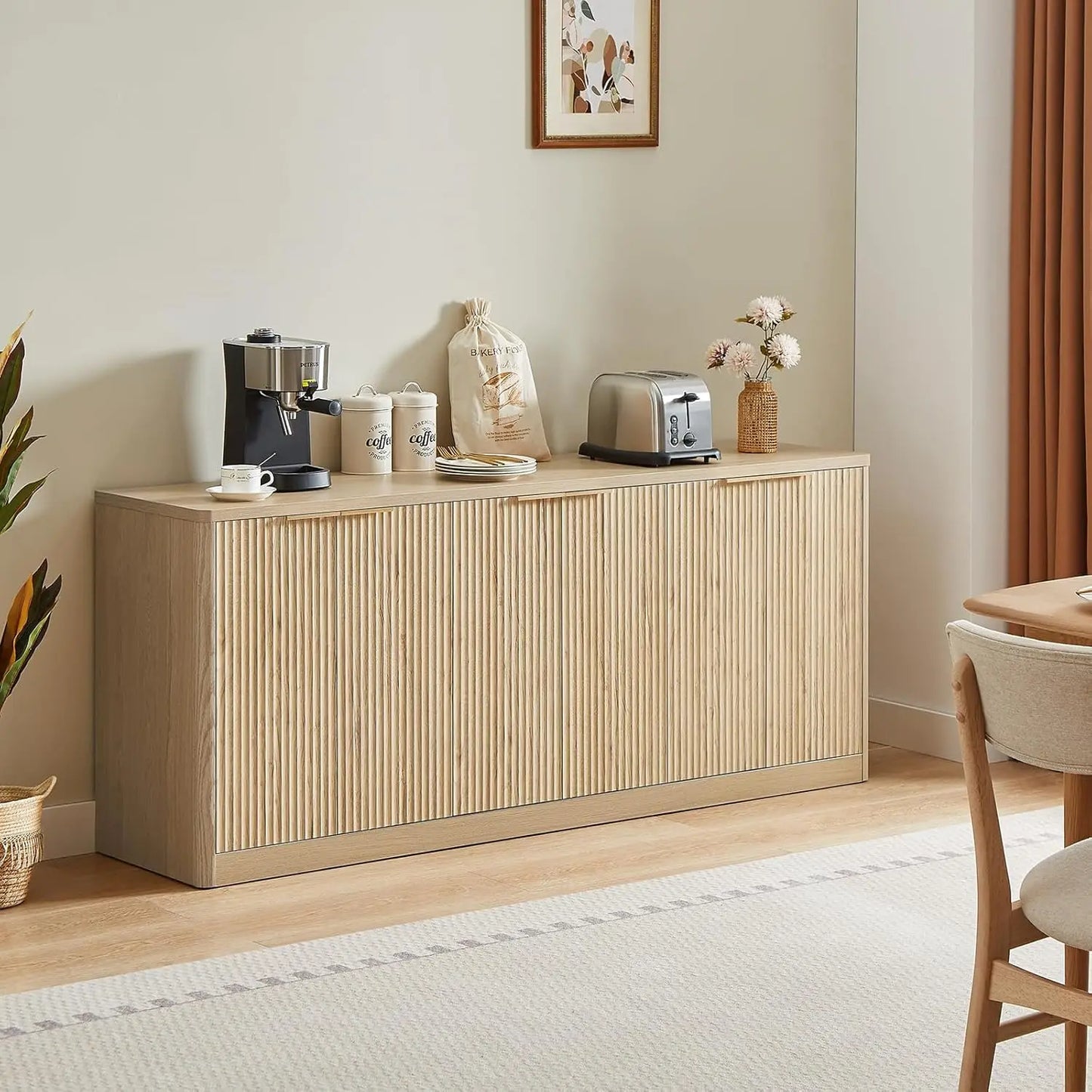 Guangbai Fluted Oak Sideboard Buffet Cabinet With Six Doors