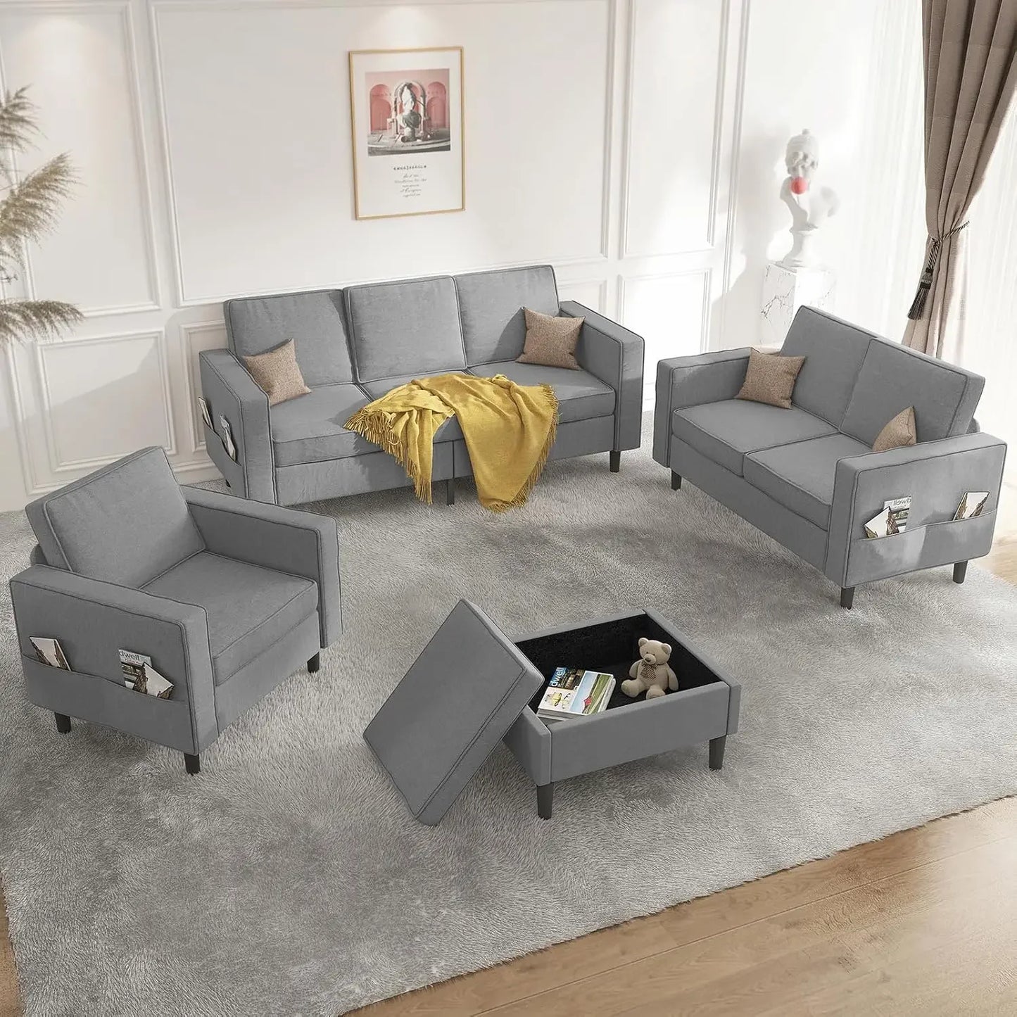 L Shaped Sectional Sofa Set With Ottoman Living Room