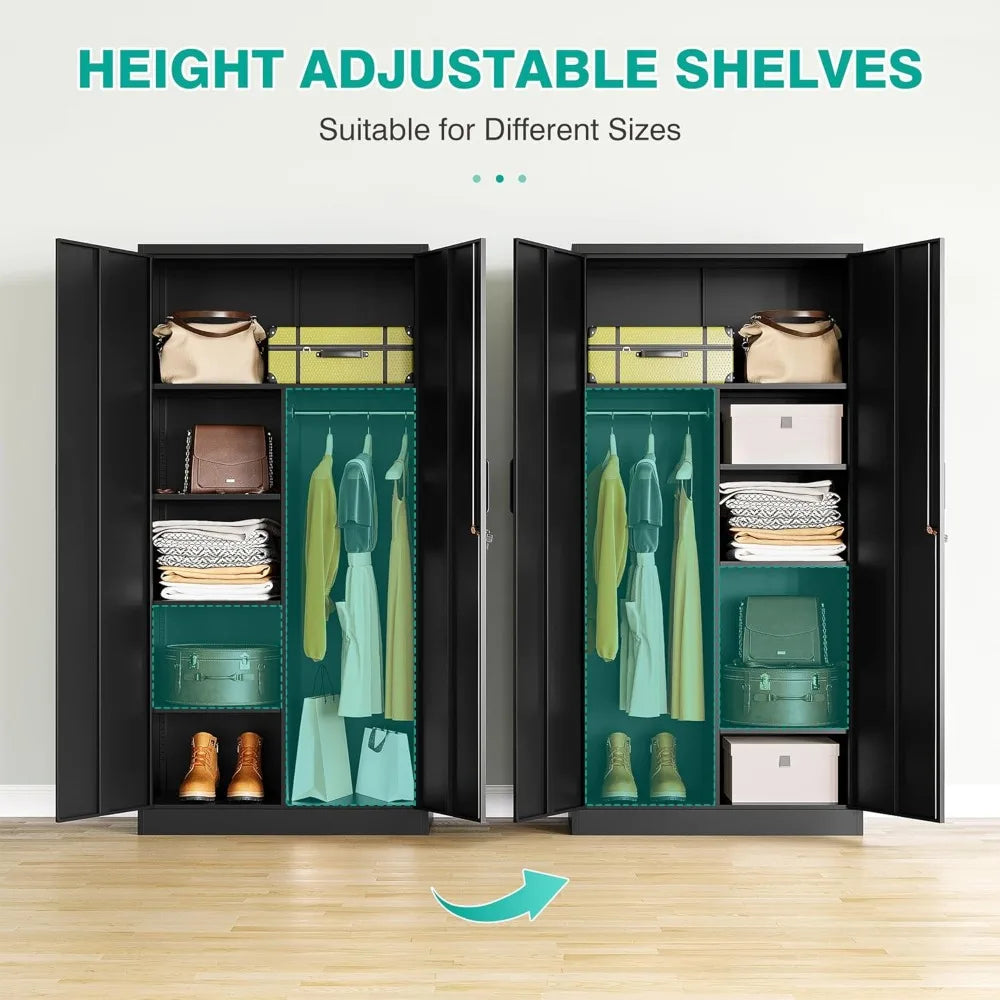 Metal Wardrobe Cabinet with Lock, 72 Armoire Closet with Hanging Rod, Lockable Storage Locker, Black Storage Cabinet with Lockin