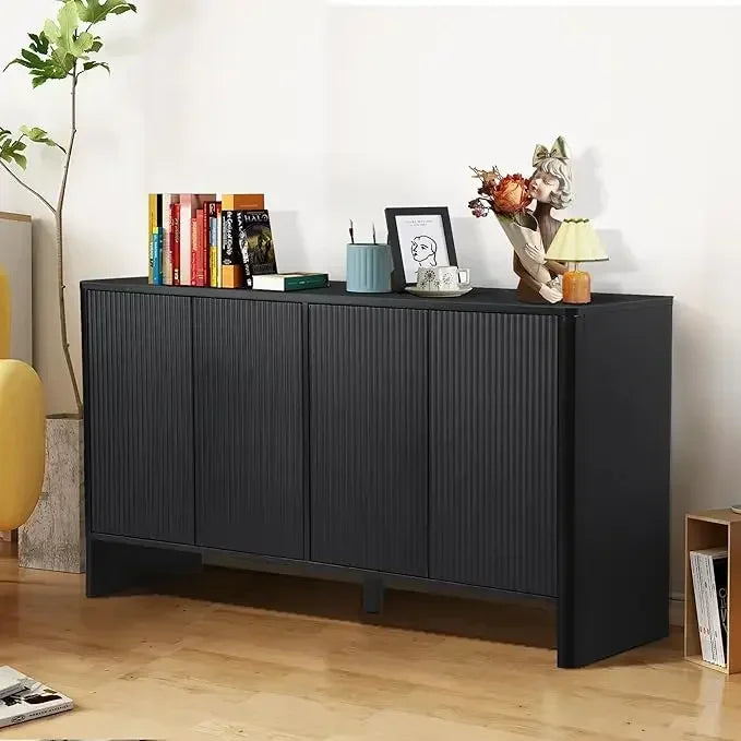 Sideboard Buffets Cabinet, Modern Accent Storage Cabinet with 4 Fluted Doors and Adjustable Shelves
