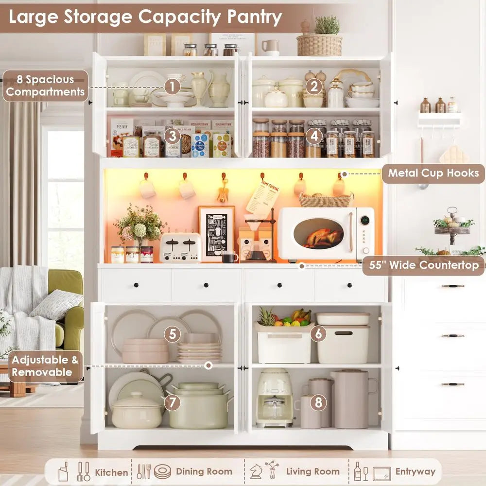 LED Kitchen Pantry Cabinet With Power Outlet And Cup Hooks