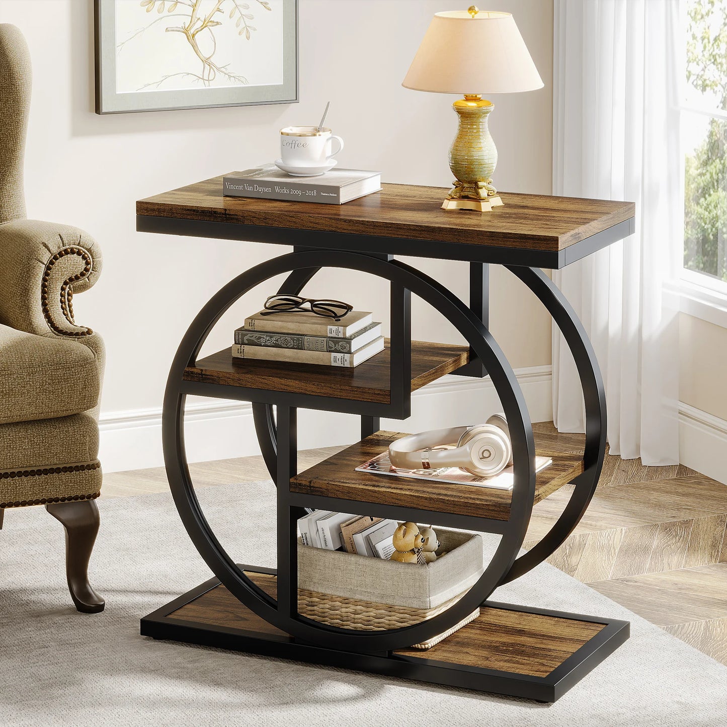 Tribesigns Industrial Wood End Table With Three Storage Shelves