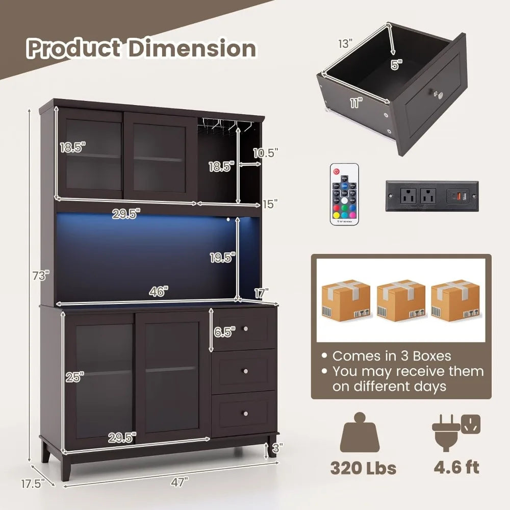 73” Kitchen Pantry Storage Cabinet, Buffet Hutch w/Power Outlets & Led Lights, Tall Cupboard w/Wine Glass Racks, Adjustable Shel