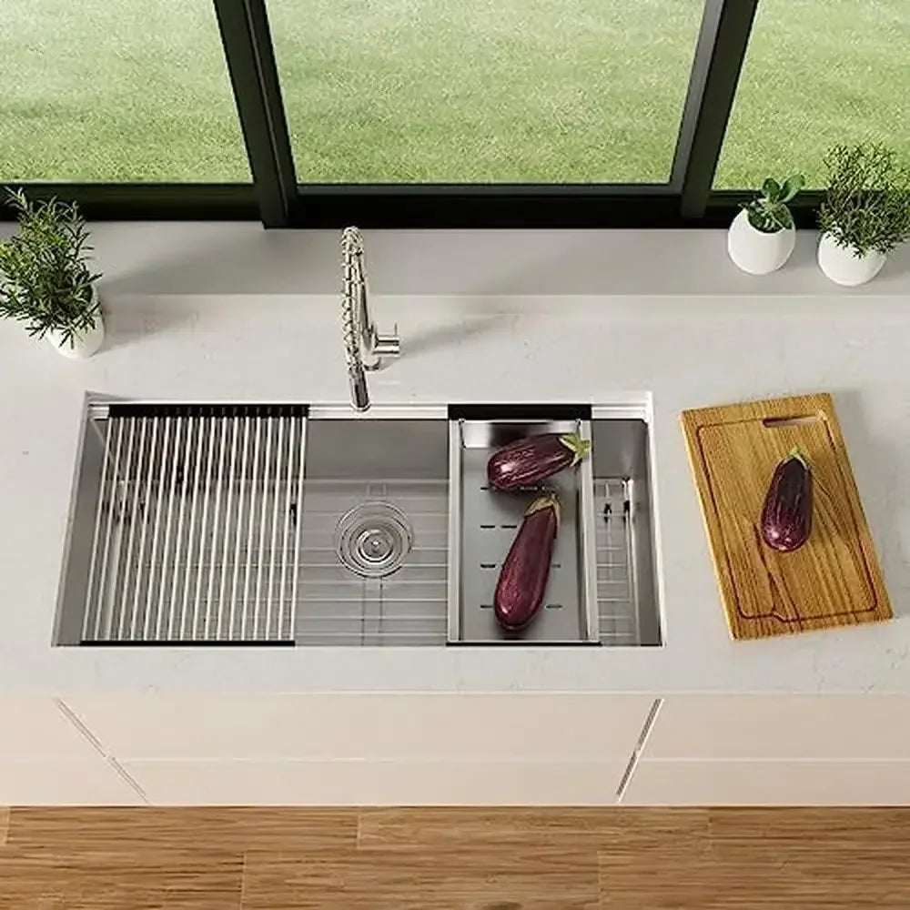 36" Undermount Kitchen Sink Stainless Steel Single Bowl Integrated Ledge and Accessories Included Deep Large Capacity Quiet