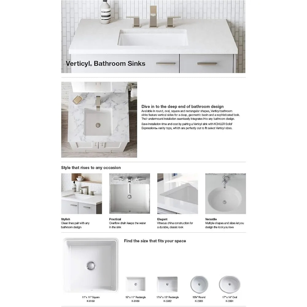 KOHLER Verticyl 17 Undermount Bathroom Vanity Sink With Overflow Drain, Undermount Bathroom Sink, White