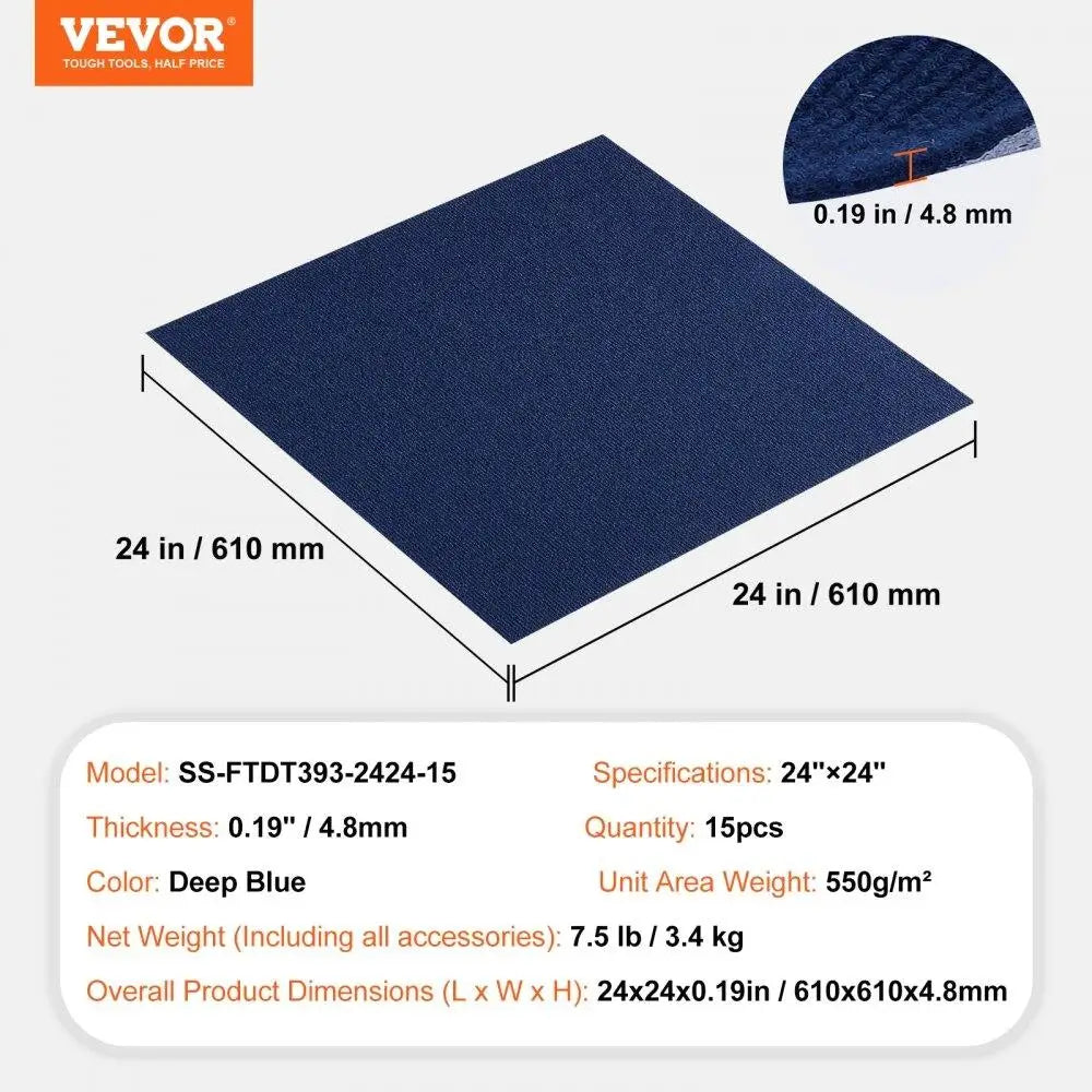 Peel and Stick Carpet Tiles 24x24 Self-Adhesive Soft - 15 Dark Blue Padded DIY Floor Tiles for Indoor/Outdoor Use