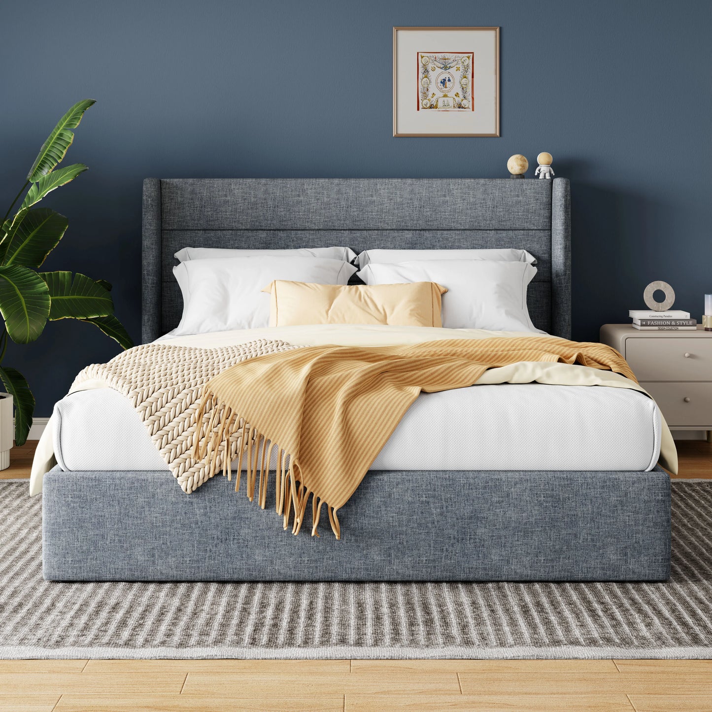 HOOMIC Lift Up Storage Bed With Wingback Headboard Premium