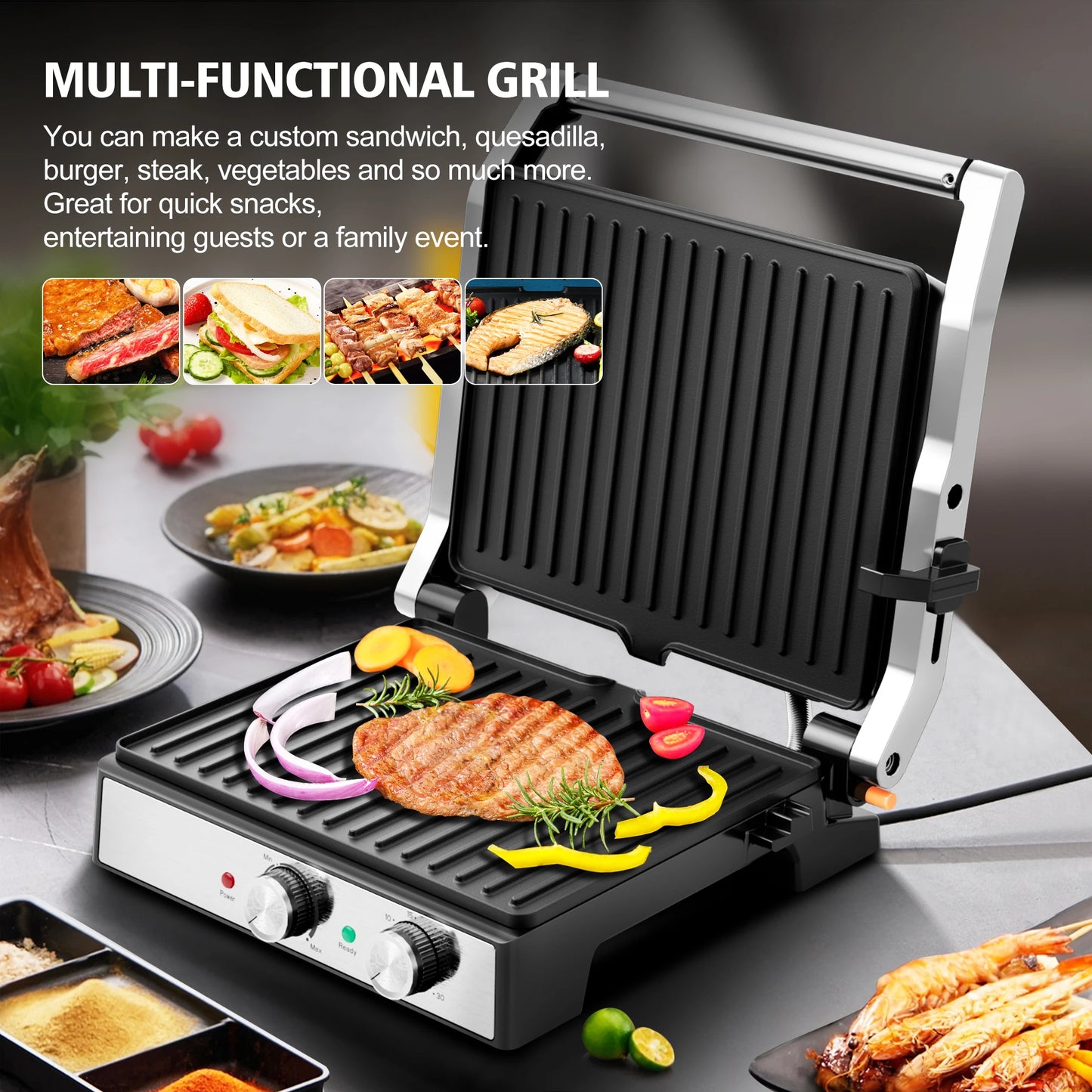 Cachoo 1600W Panini Press 4 Slice With Adjustable Temp