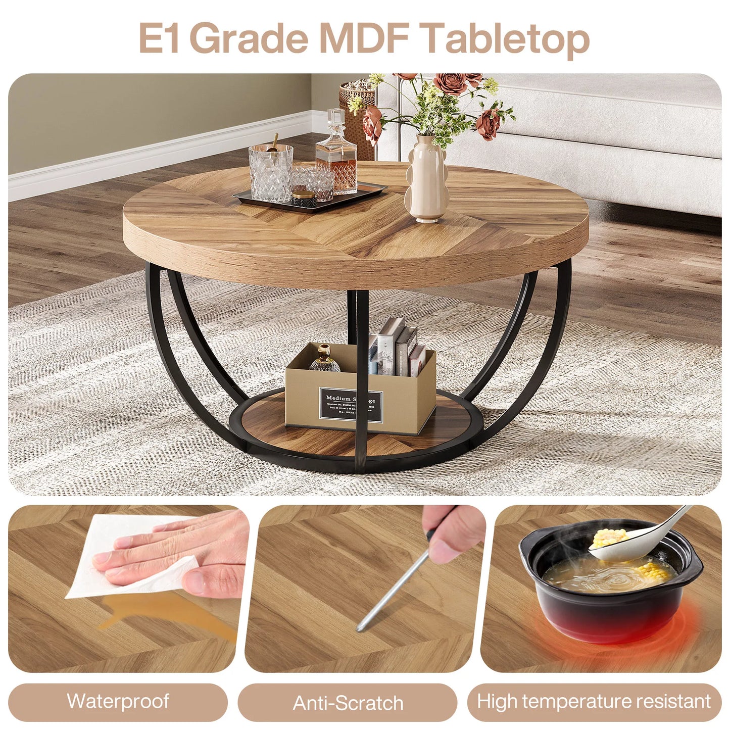 Tribesigns Round Coffee Table With Two Tier Storage Shelves