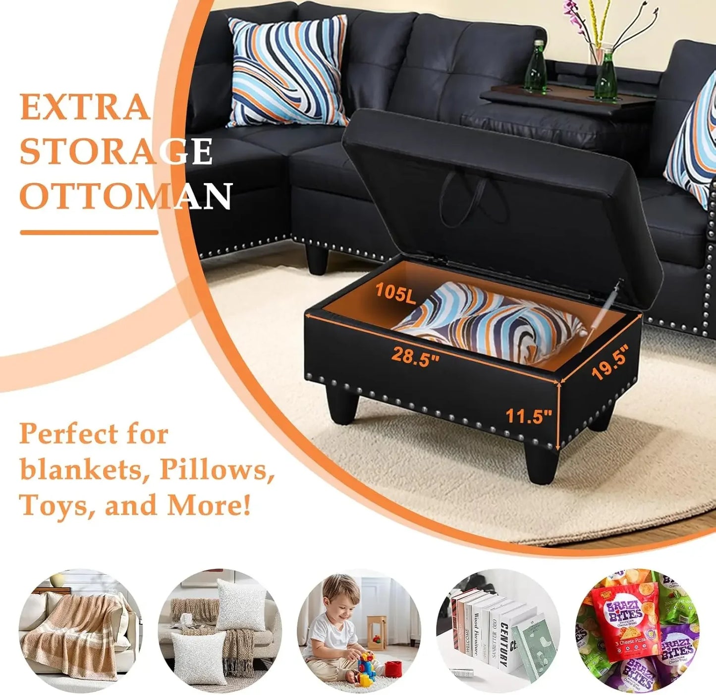 Combination L Shaped Sectional Sofa Chaise Ottoman Pillows