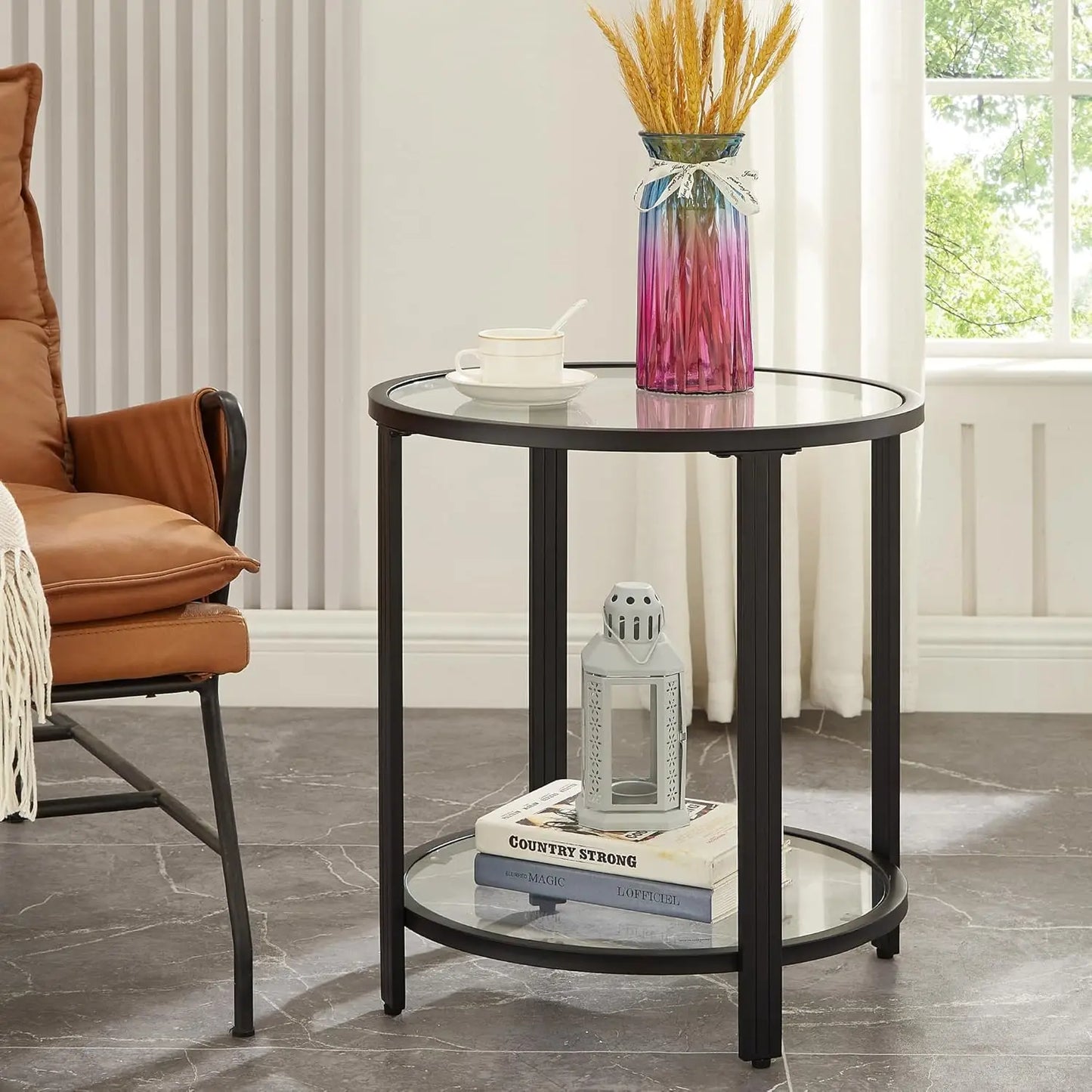Glass End Table Two Tier Metal Frame Living Room Table