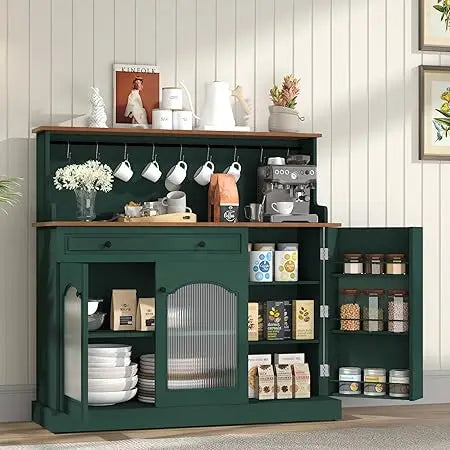 48” Kitchen Pantry with Glass Doors, Wood Coffee Bar Cabinet with Drawer, Green Microwave Cabinet with Hutch, Farmhosue Buffet