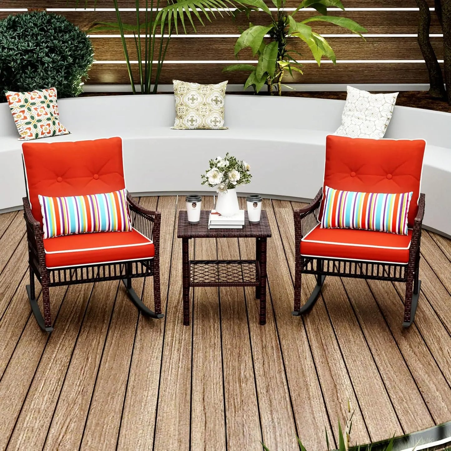 3-Piece Patio Set: 2 Outdoor Rocking Chairs + Wicker Conversation Set with Coffee Table