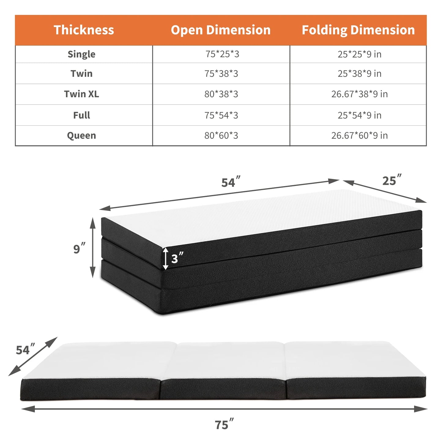 JHK Three Fold Portable Floor Bed CertiPUR US Travel Camping