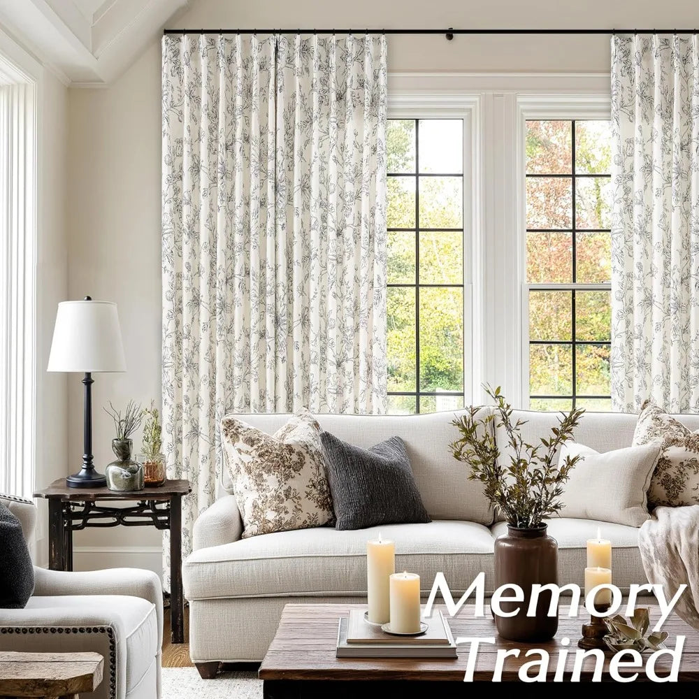 Pinch Pleated Floral Linen Curtains Farmhouse Living Room