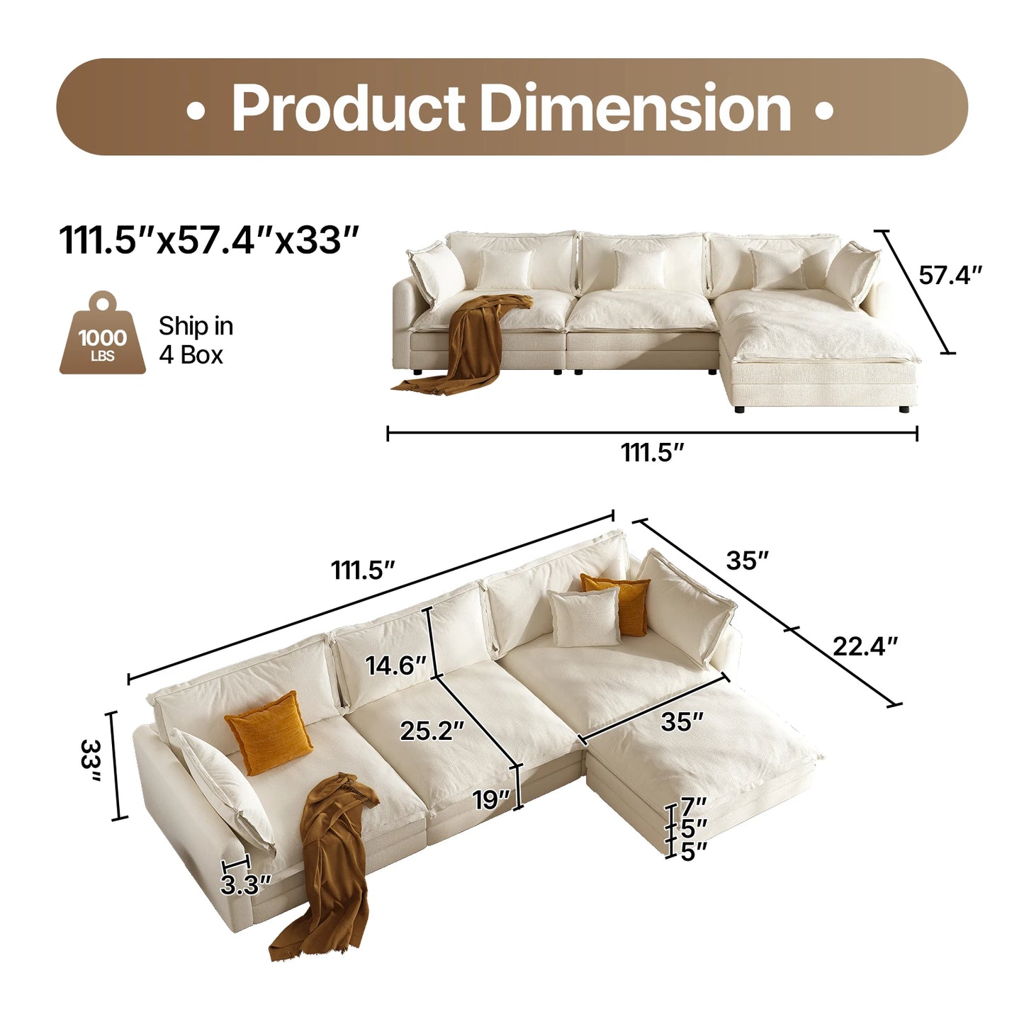QWCCN L Shaped Modern Chenille Sofa Sectional With Ottoman