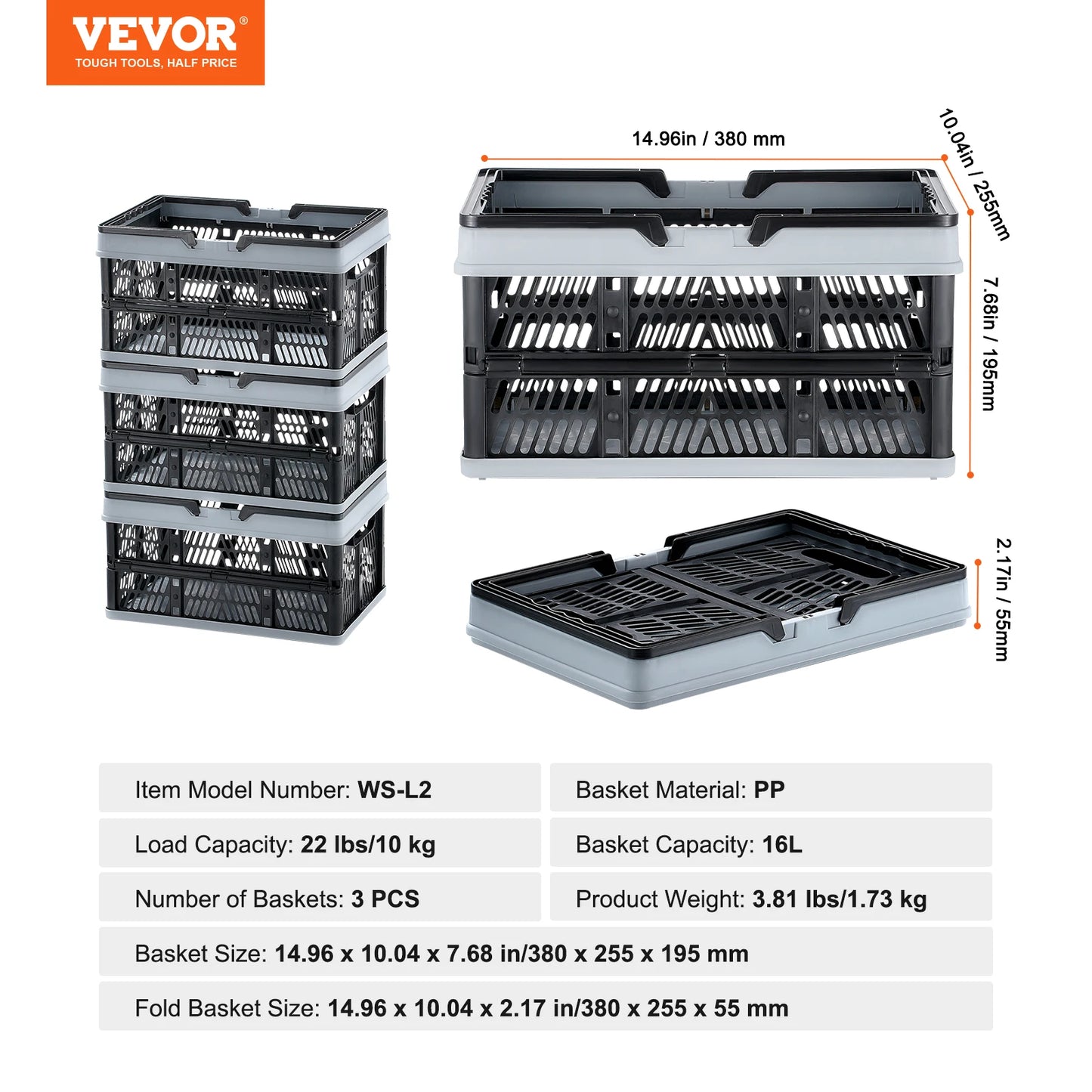 SucceBuy 3pc Foldable Storage Basket Crate For Kitchen