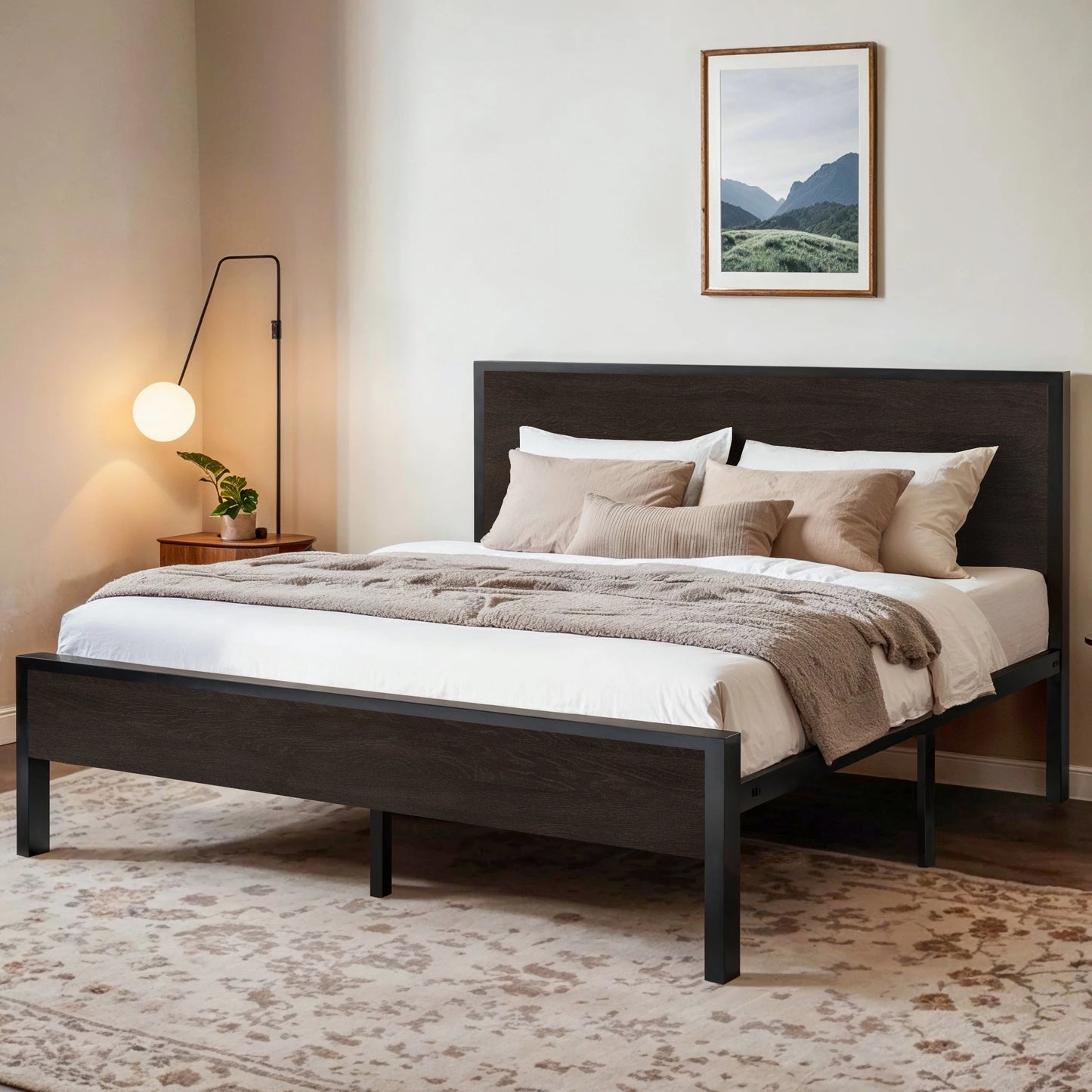 HOOMIC Bed Frame With Wooden Headboard And Metal Platform