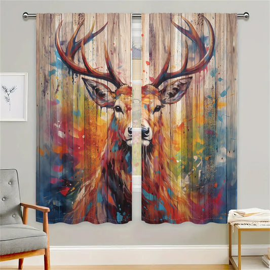 Anhui Deer Art Curtains Vintage Wood Print Living Room