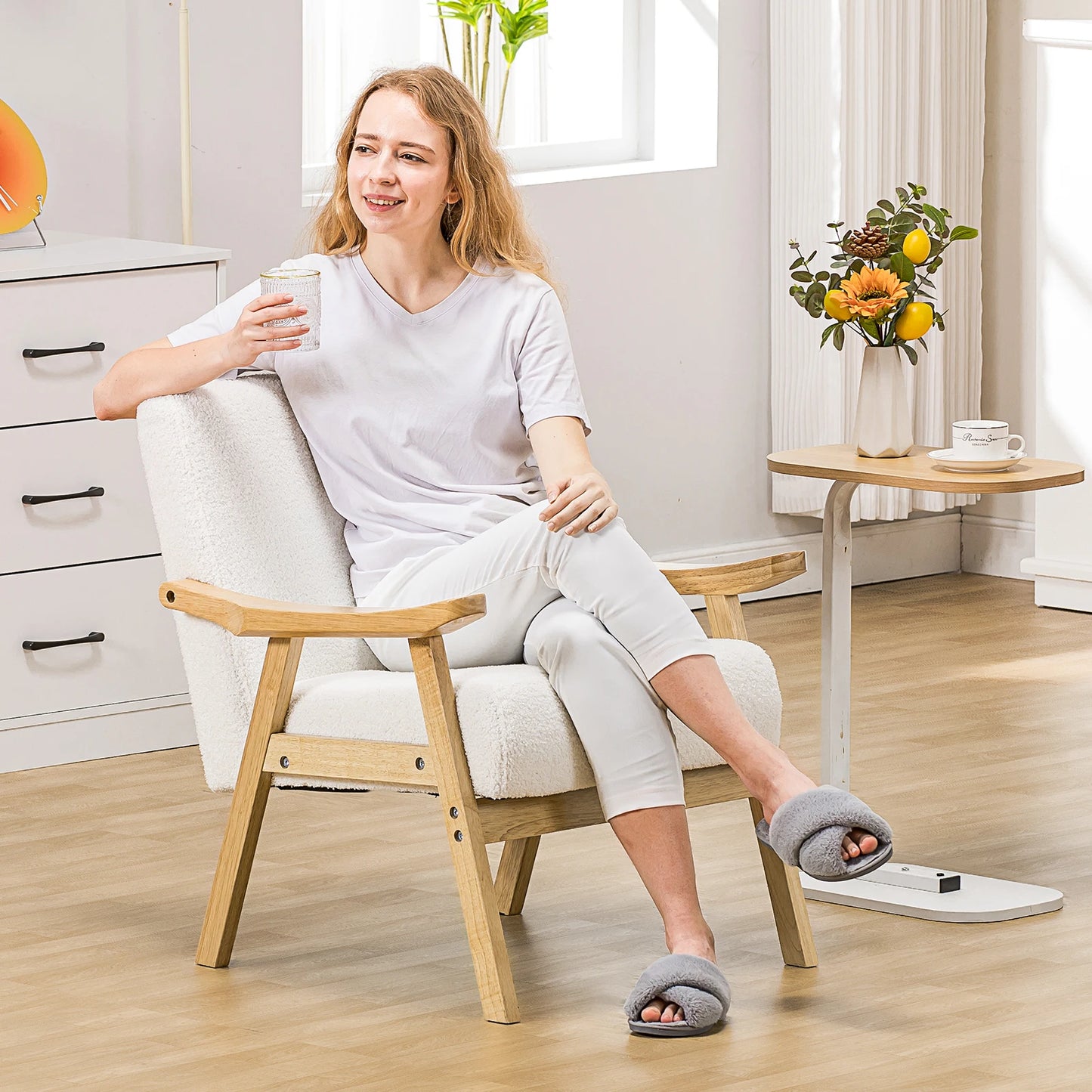 COMHOMA Mid Century Accent Chair Upholstered Armchair With Solid Wood Armrests For Living Room Bedroom Sunroom Balcony