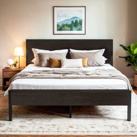 HOOMIC Bed Frame With Wooden Headboard And Metal Platform
