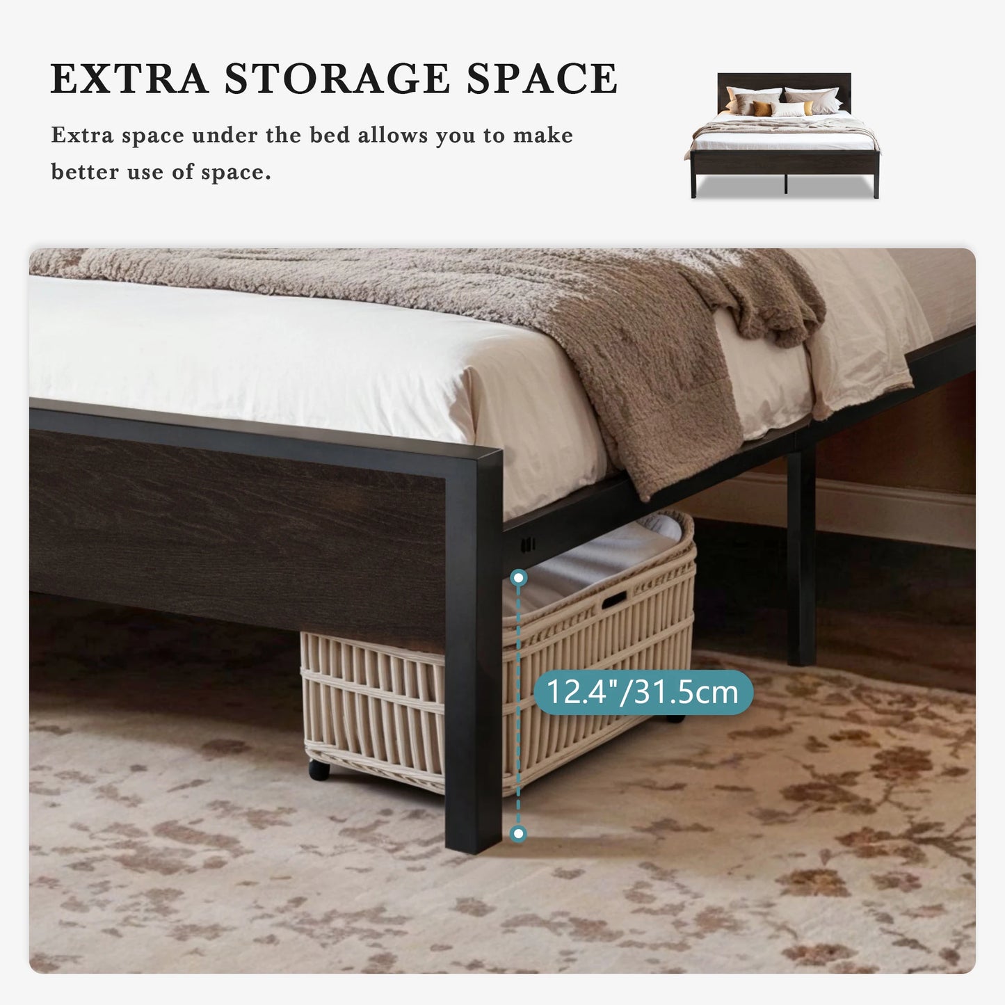 HOOMIC Bed Frame With Wooden Headboard And Metal Platform
