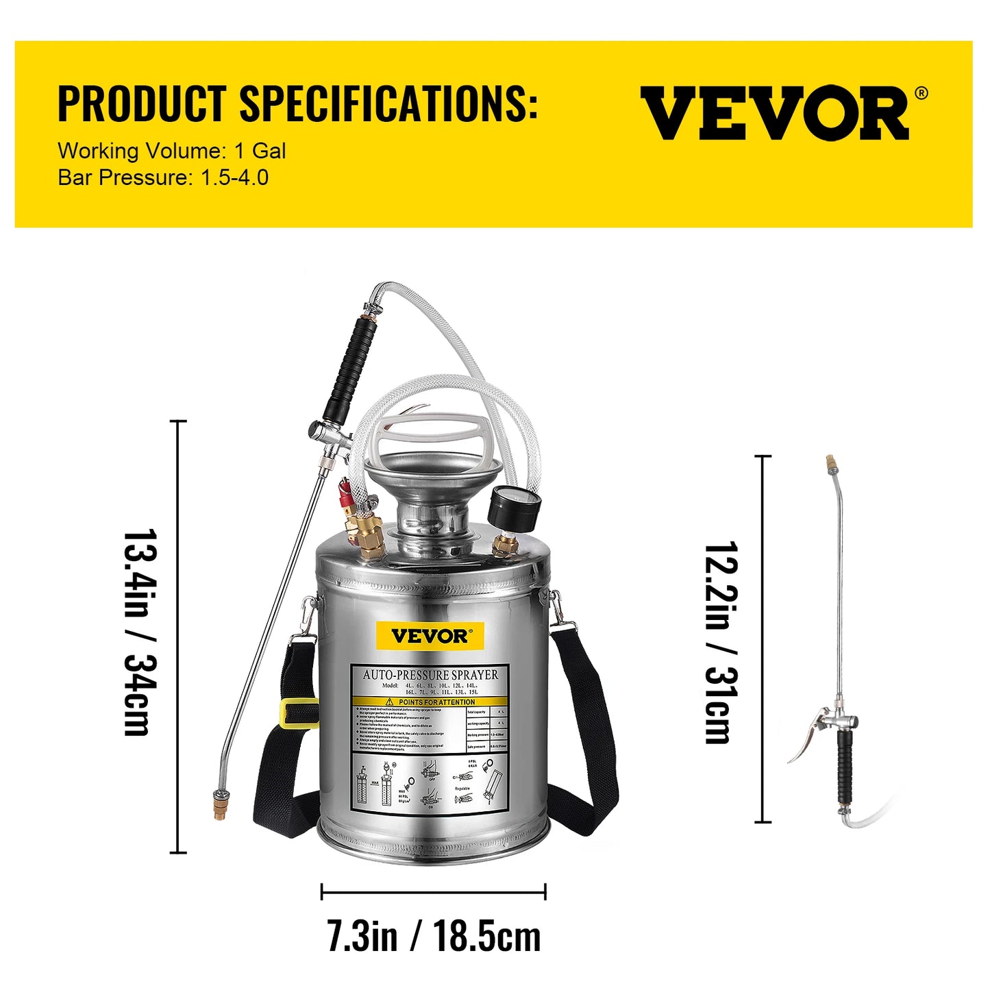 SucceBuy 4 To 12L Hand Powered Stainless Steel Garden Sprayer