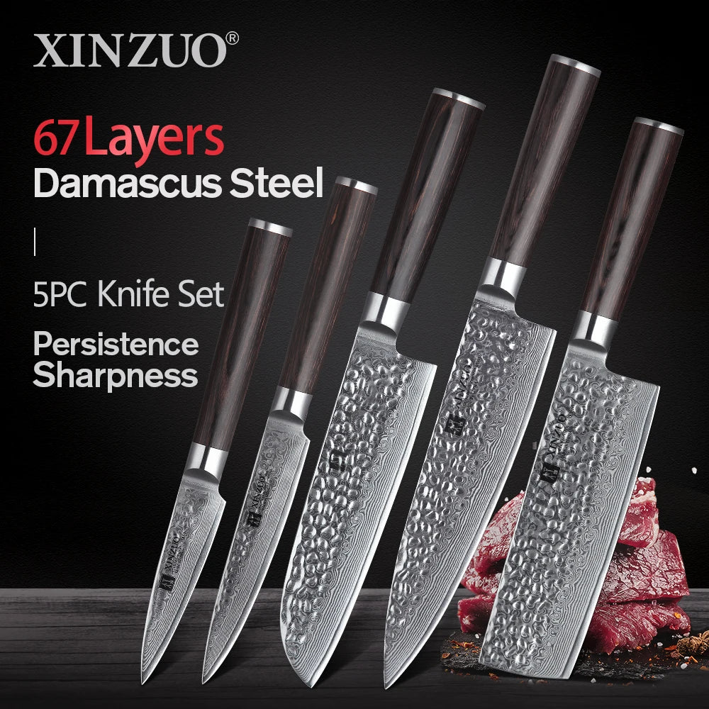 XINZUO Damascus Stainless Kitchen Knife Set Santoku Nakiri