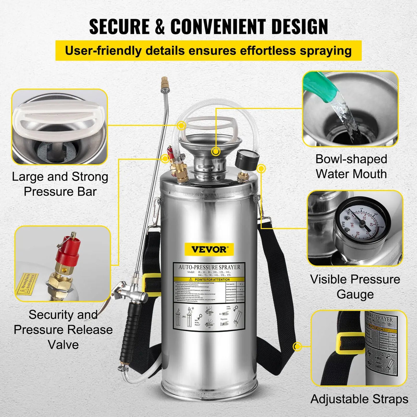 SucceBuy 4 To 12L Hand Powered Stainless Steel Garden Sprayer