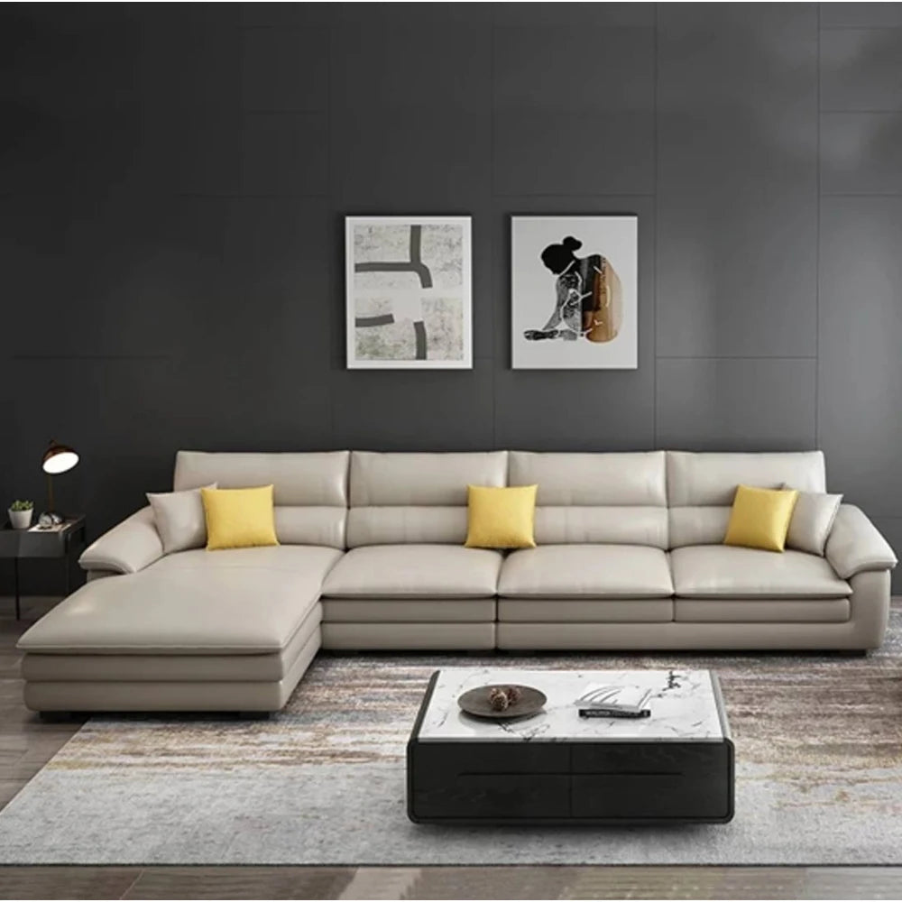 MANBAS Nordic Italian Genuine Leather L-Shaped Sectional Sofa