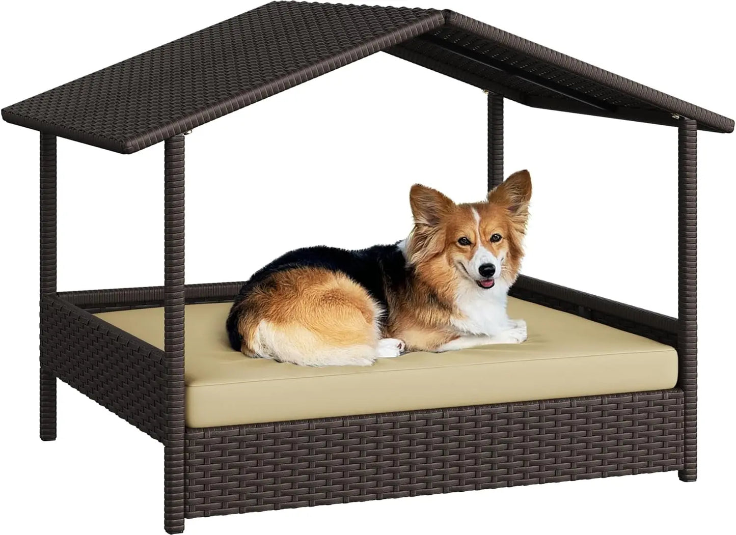 Wicker Dog House With Canopy Elevated Outdoor Shelter Bed For Small To Medium Dogs Shade For Patio And Deck