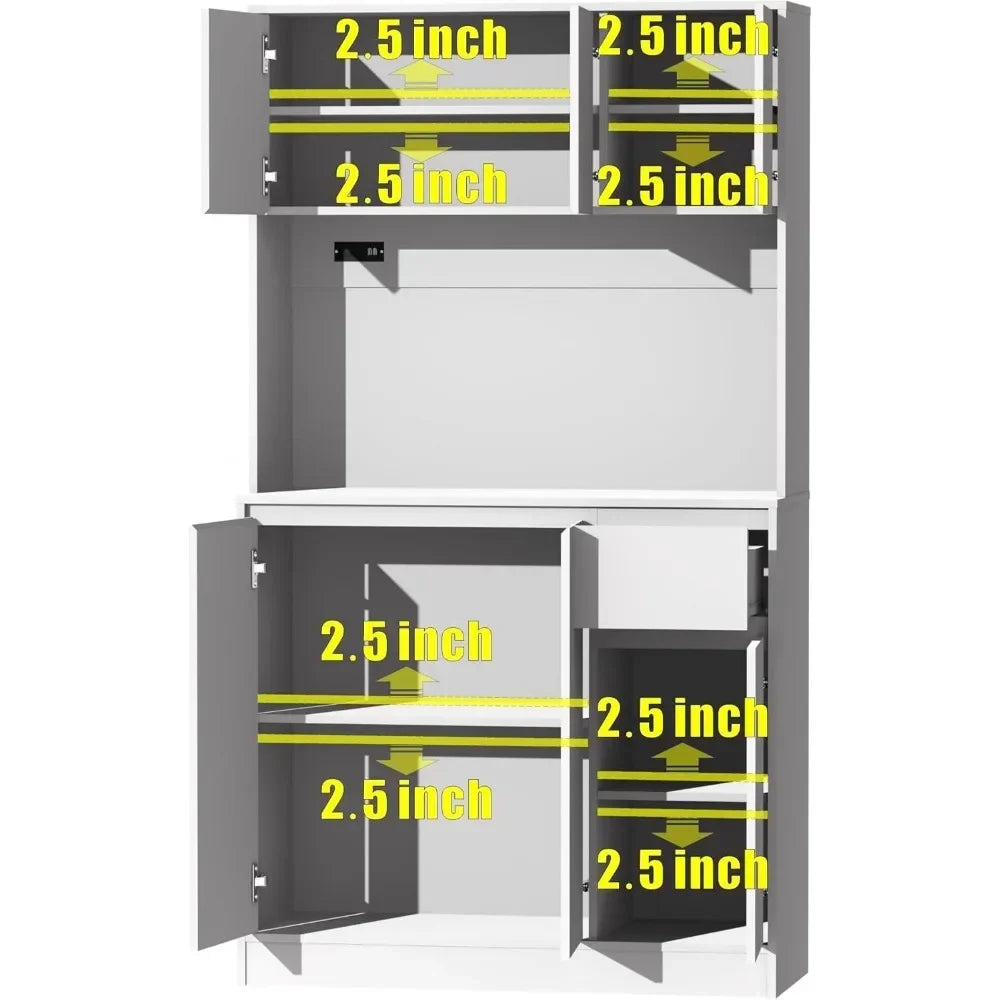 71" Tall White Kitchen Pantry Cabinet,Kitchen Pantry Storage Cabinet with Power Outlet,Freestanding Kitchen Hutch w/ countertop