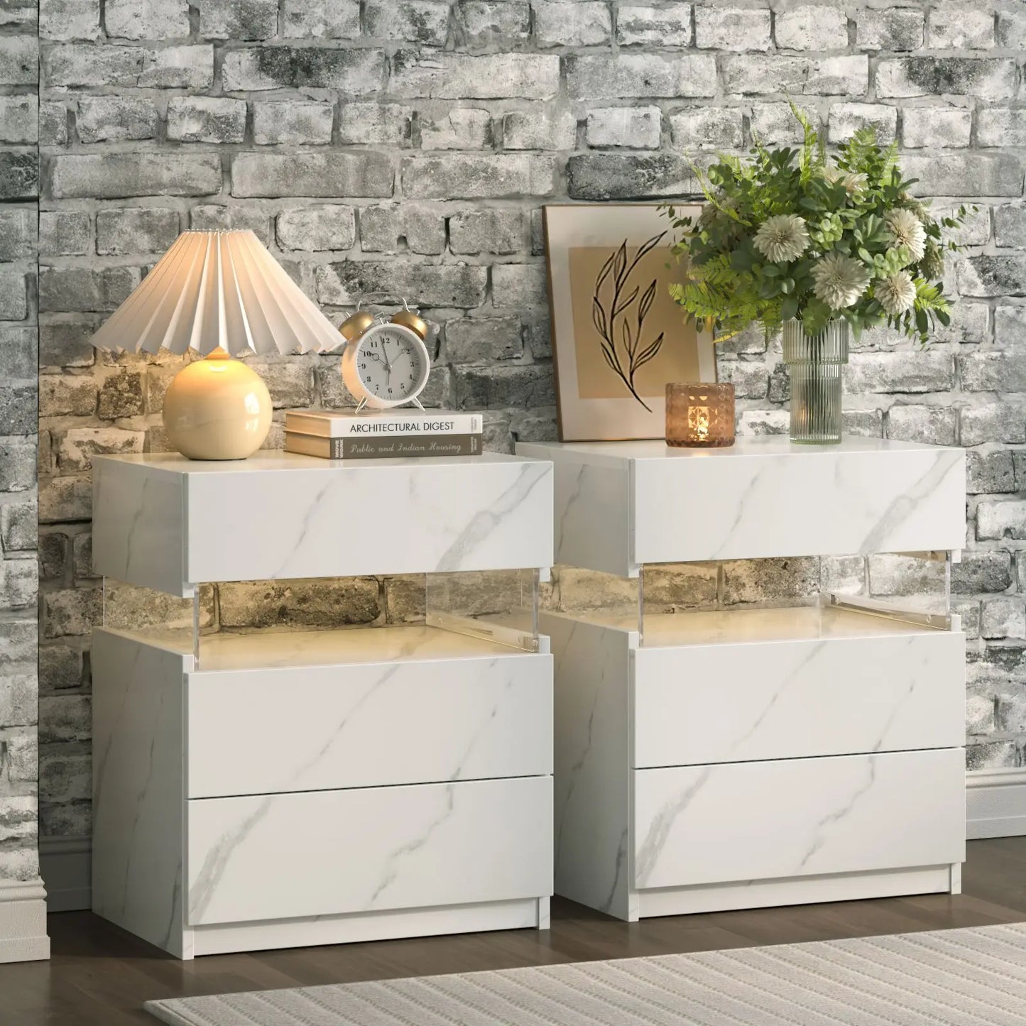 Cubehom Bedside Tables 2Pack With LED Lighting And 3 Drawers
