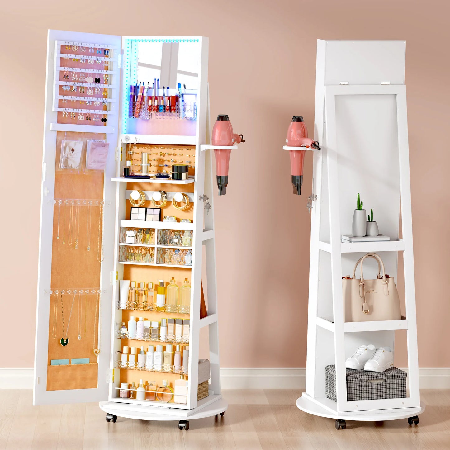 Full Length Mirror with Jewelry Storage, 360° Rotating Jewelry Armoire Organizer with Lights, Lockable Mirror Jewelry Cabinet