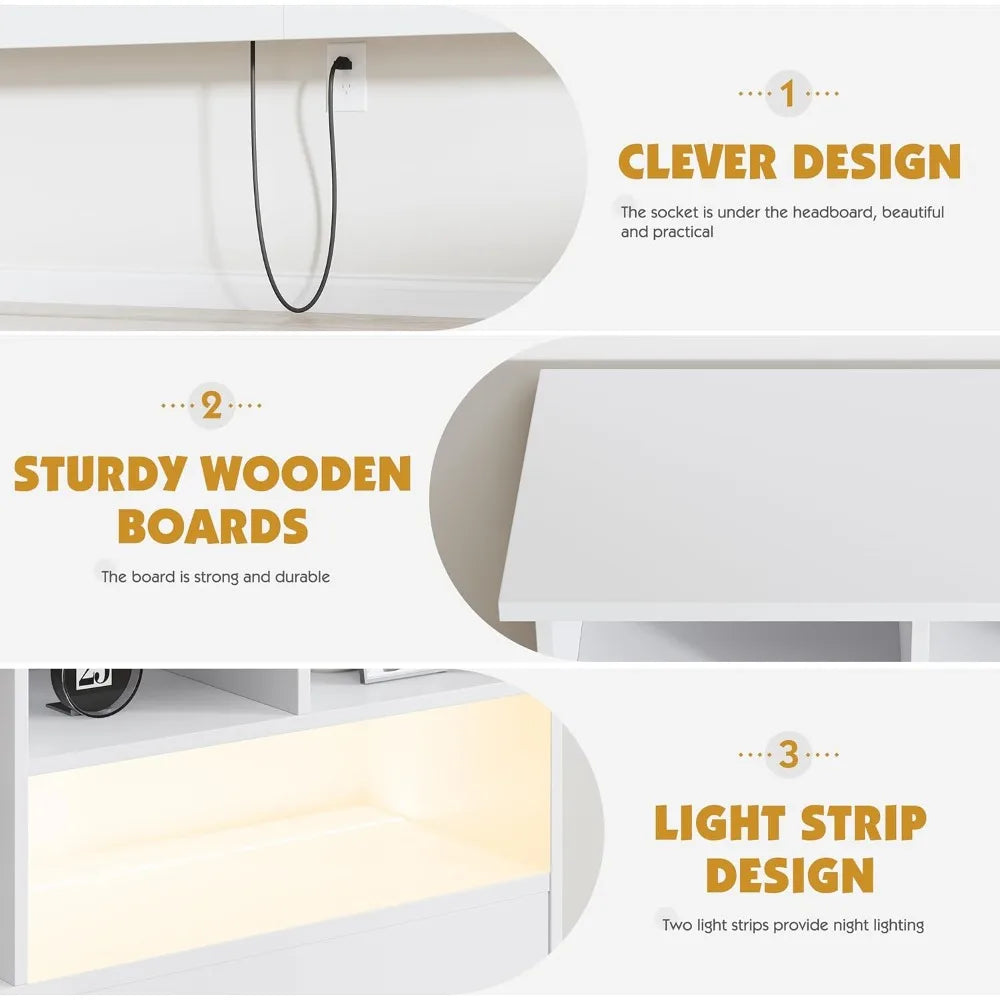 Queen/Full Size Headboard Only for Bedroom, Wood Bookcase Headboard with Charging Station & 2 LED Lights, Stylish Queen Headboar