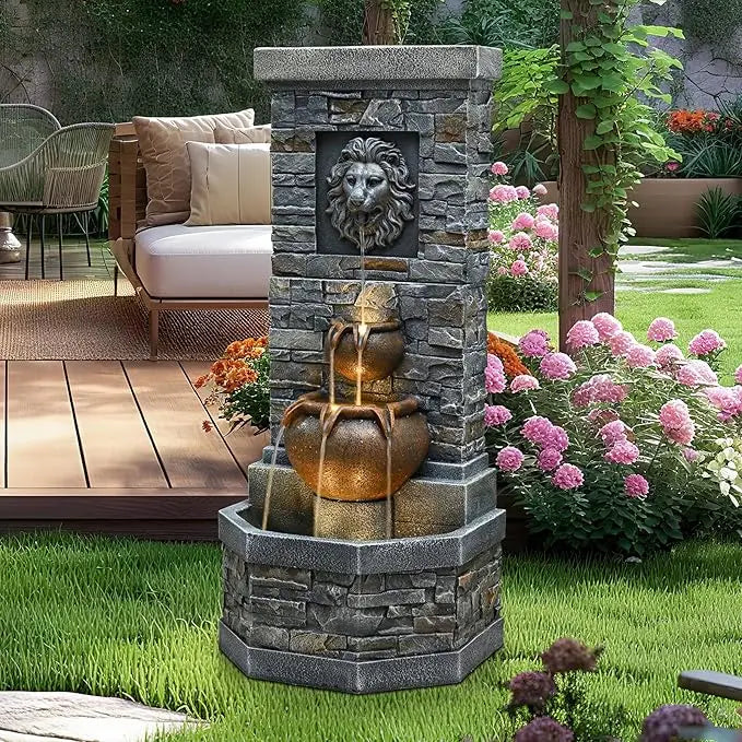 Desgmomy Lion Head Outdoor Water Fountain Garden Lights