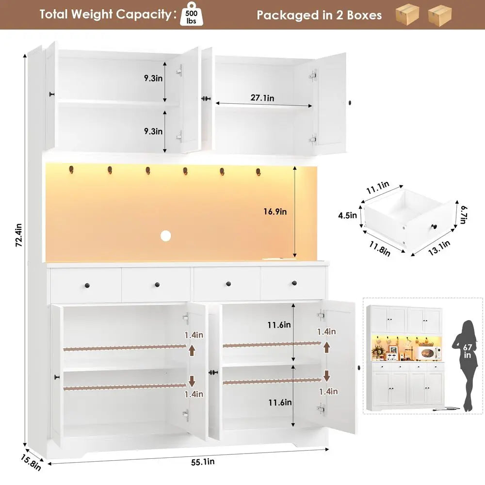 LED Kitchen Pantry Cabinet With Power Outlet And Cup Hooks