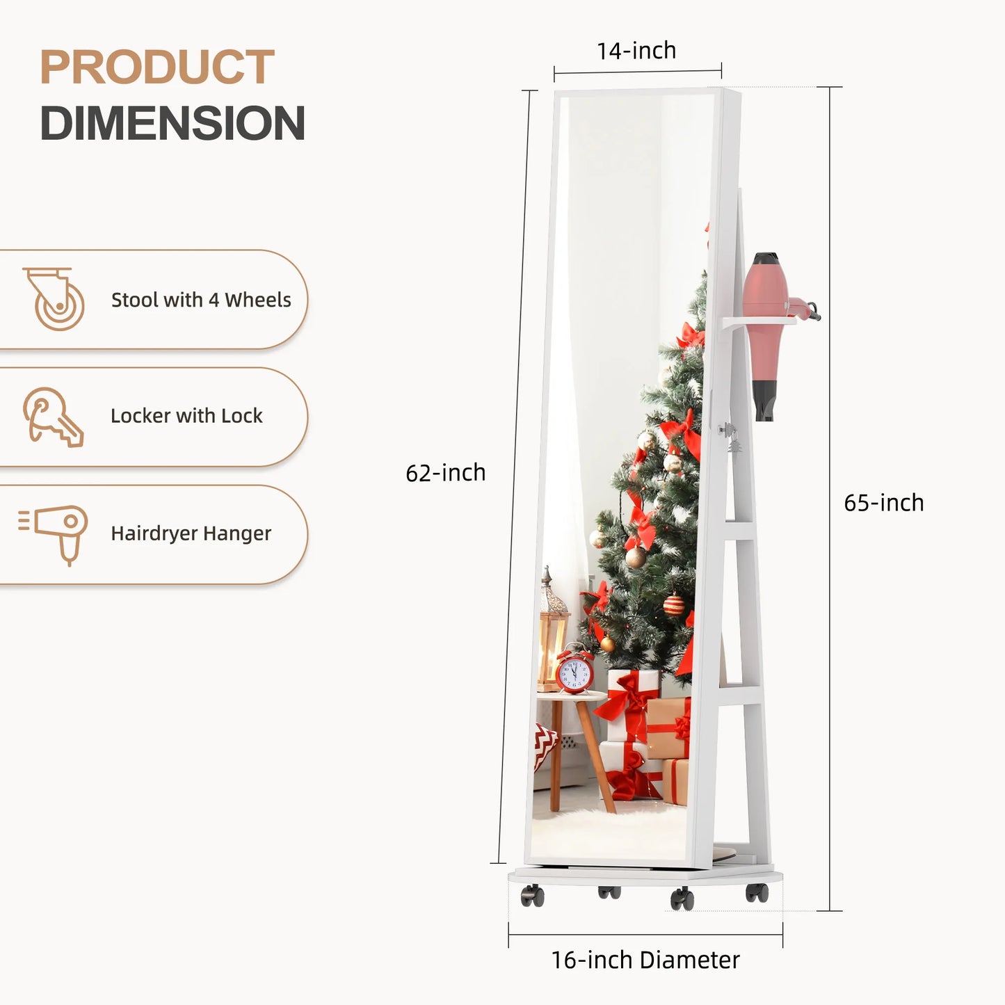 Full Length Mirror with Jewelry Storage, 360° Rotating Jewelry Armoire Organizer with Lights, Lockable Mirror Jewelry Cabinet