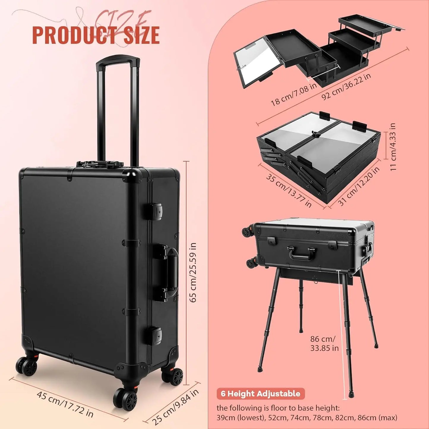 XMSJH Aluminum Trolley Makeup Case With LED Lights Studio
