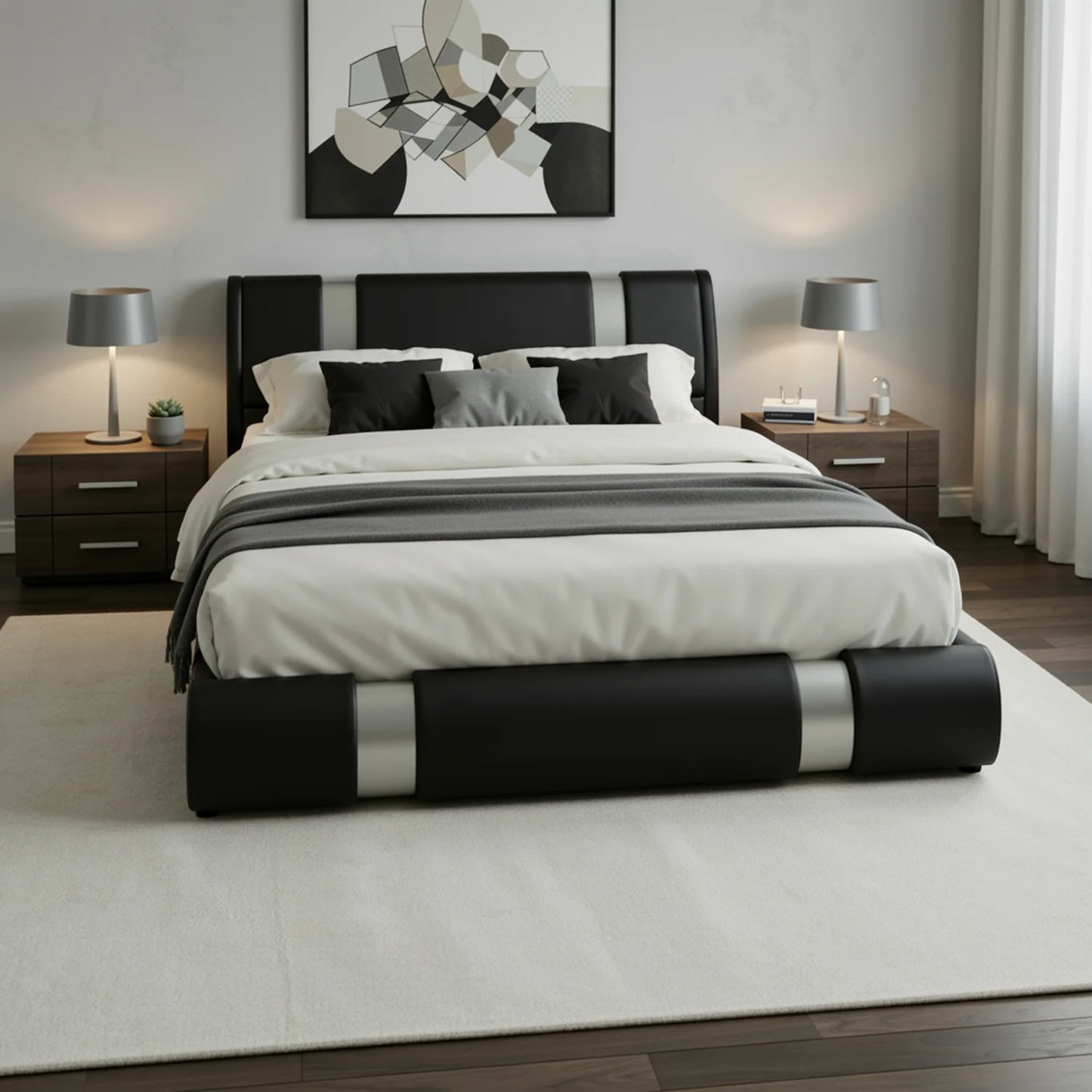 HOOMIC Modern Platform Bed Frame Faux Leather Upholstered Metal Accents